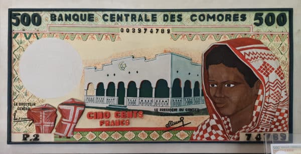THOMAS TCHOPZAN - "Comores 500 Frs CFA" frontside (hardwood, large)