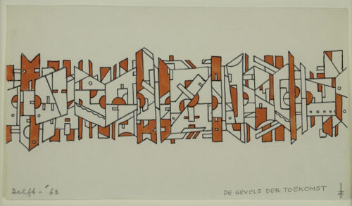 Henk Zweerus - 'City of the future' - gouache on paper, in frame