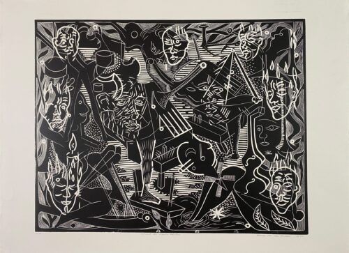 THOMAS VAN DER LINDEN - "Concert des visages brûlées", lino cut (Nr. 30 of 75)