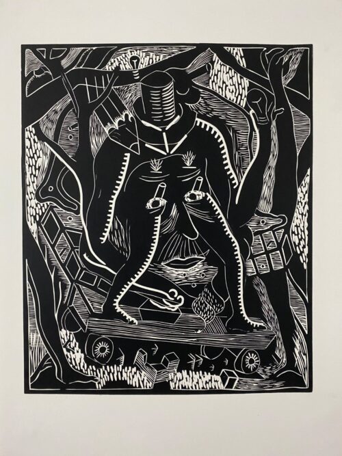 THOMAS VAN DER LINDEN - "Backflip with double zipper", Lino cut