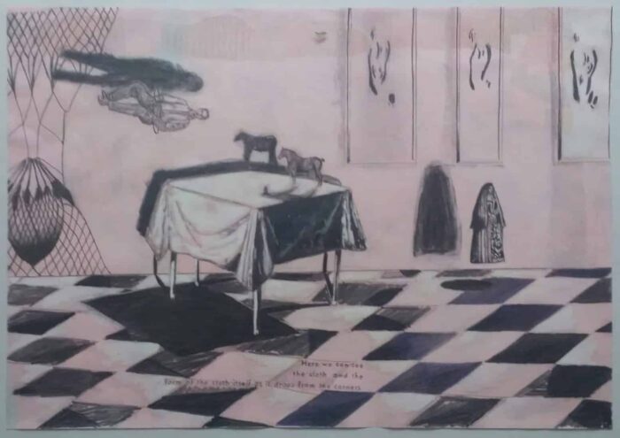 "Here we can see the cloth and the form of the cloth itself as it drops from the corners " - Paul Klemann