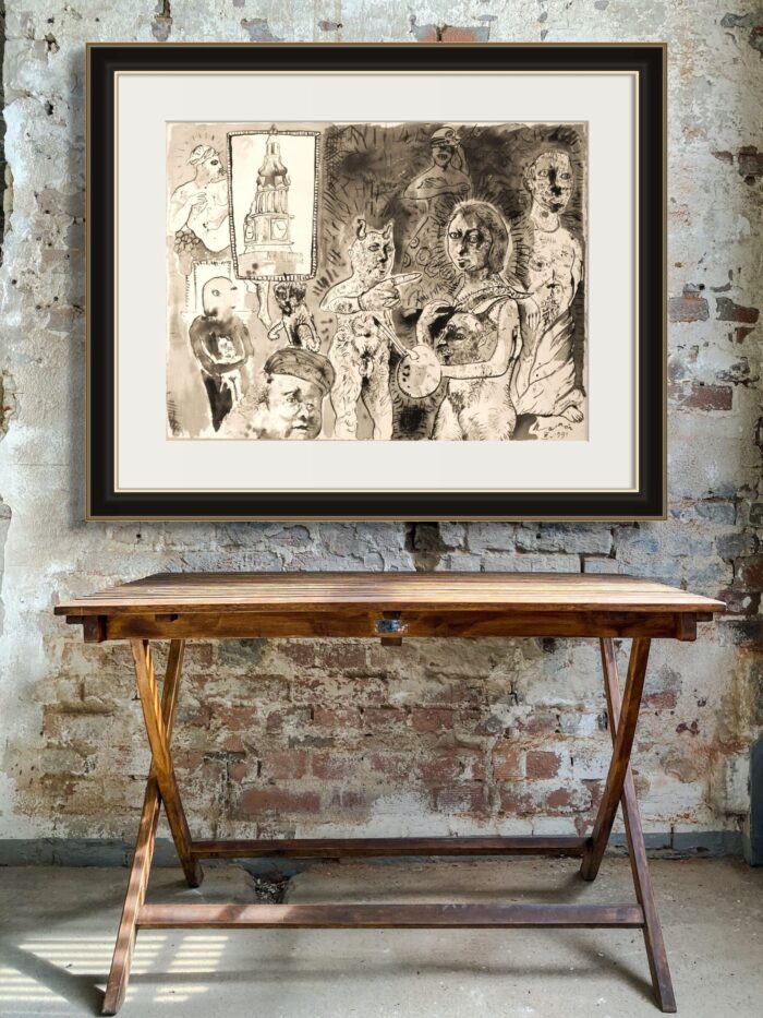 RAMON GIELING - Inkttekening zonder titel in interieur met lijst